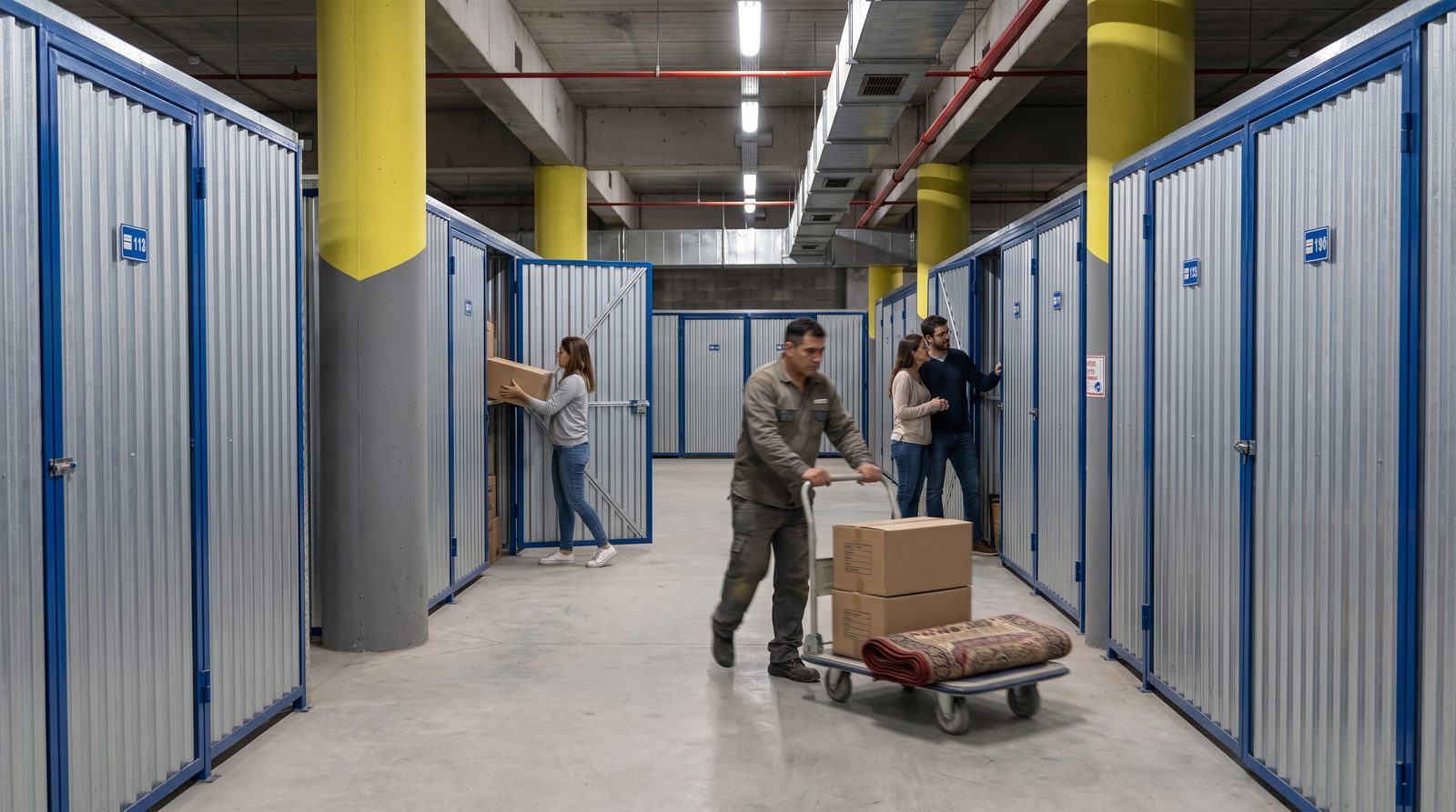 Pasillo de bauleras con gente cargando cajas en sus unidades