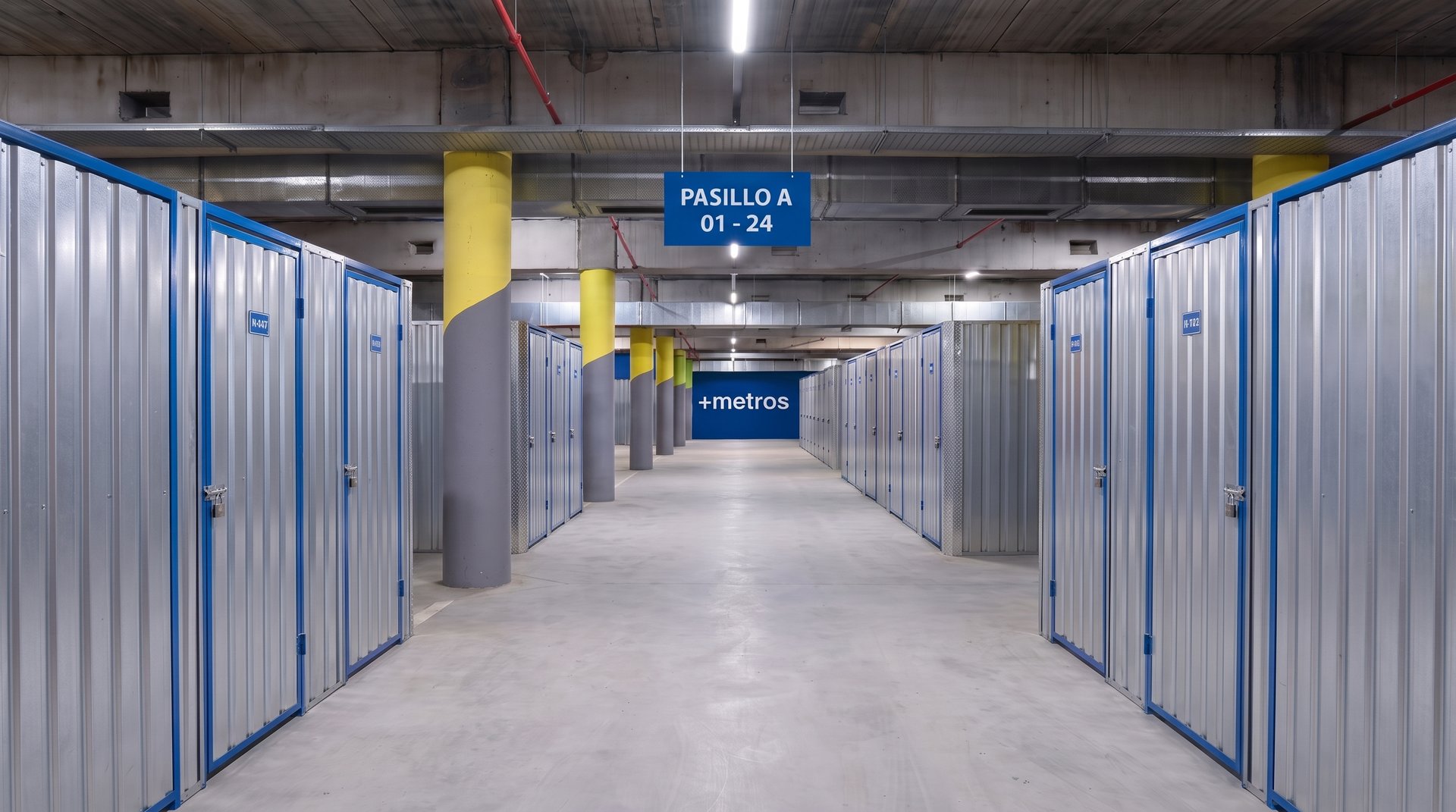 Pasillo de bauleras terminado, con las puertas azules numeradas y el cartel del pasillo colgado del techo